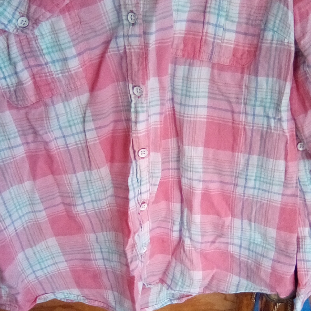 Sonoma Coral and Mint Plaid Shirt - Picture 5 of 10